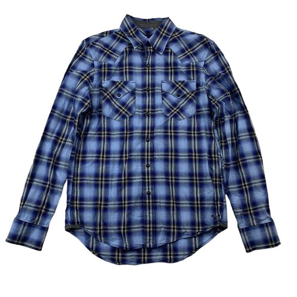 American Eagle SLIM FIT Blue Gray Plaid Western Snap Button Up Shirt L/S Sz S - Picture 1 of 9